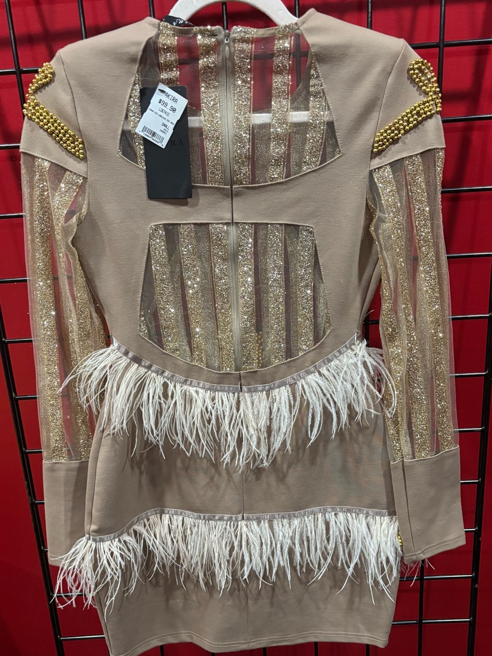 AKIRA Taupe Mini Dress with Gold Beaded Detail & Feather Trim - Picture 6 of 6